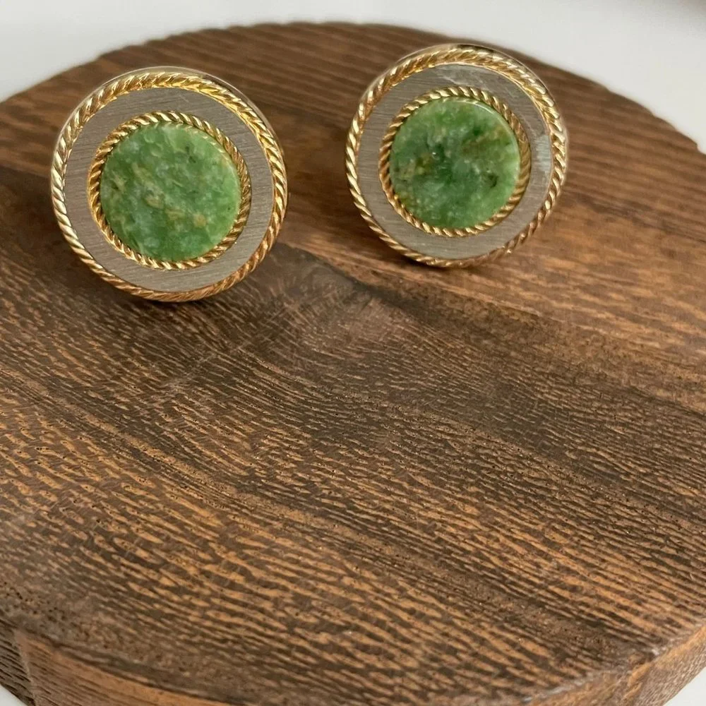 Vintage Green Green Gemstone Gold Tone Cuff Links